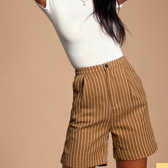 Lulus Carine Camel Striped Bermuda Shorts - Picture 1 of 13